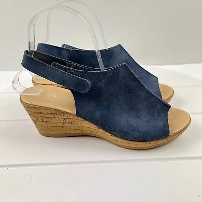 Mila Paoli Sandals Womens Size 8 Blue Suede Wedge Sandals Cork Shoes • $29.99