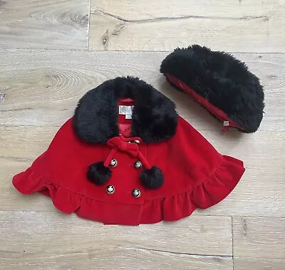 £23.99 • Buy Couche Tot Girls Designer Red Velvet Cape Coat & Faux Fur Hat - Age 2-3 Years