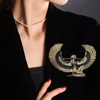 BROOCH Pin Black Enamel Egyptian God Wings Gold Tone Costume Jewelry • $6.56