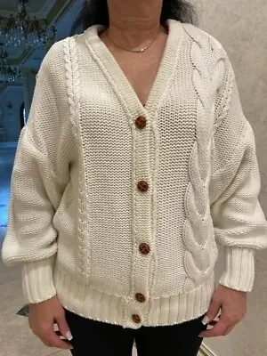 $100 • Buy STAUD Cotton Off White Chunky Cable Knit Cardigan Sweater Size M