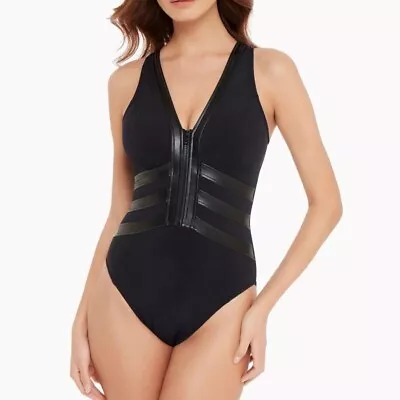 Magicsuit Miraclesuit Sz 16 Moto Chic Sean Swimsuit Black Slim One-Piece $176! • $109.99