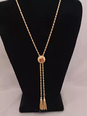 Vtg Chunky Chain Gold Tone Lariat Slide Romantic Scene Bolo Tie Necklace Pendant • $12.95