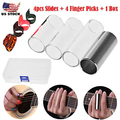 Guitar Slides Set W/ 3 Glass Slides 1 Stainless Steel Slide 4 Finger Picks G7I3 • $10.69