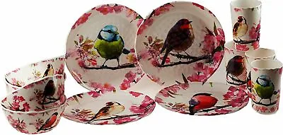£29.95 • Buy 12Pc Melamine Dinner Set Plates Bowl Mugs Picnic Camping Crockery Birds Design 