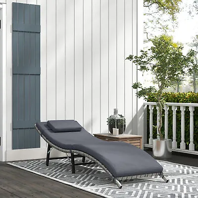 Folding Rattan Sun Lounger Outdoor Chair W/ Cushion For Garden Patio Grey • £89.99