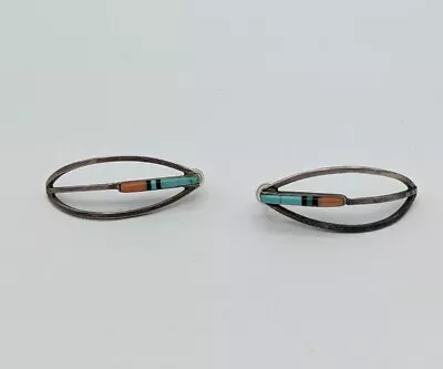 Vintage F. Barney Zuni Sterling Silver Turquoise Coral Inlay Drop Earrings • $24.95