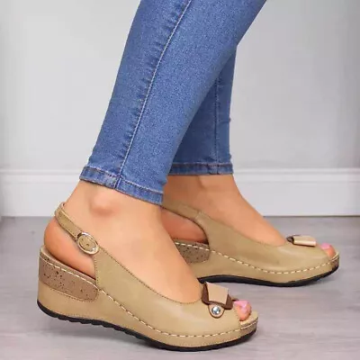 NEW Womens Low Wedge Heel Sandals Ladies Summer Peep Toe Ankle Buckle Shoes Size • $18.19