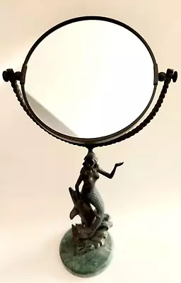 SPI Mermaid Dolphin Brass-Bronze W Marble Base Vanity Swivel Double Sided Mirror • $89.99