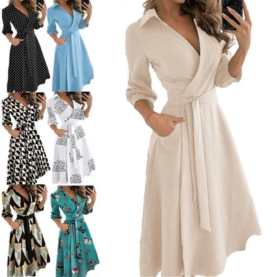 £13.99 • Buy Womens Long Sleeve Floral  Midi Dress Ladies Lace Up Belted Solid Shirt Dresses