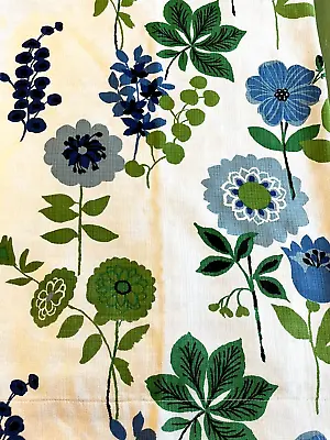 $249 • Buy Vintage Barkcloth Beta 1950 1960 Mid Century Blue Green Floral 3 Curtain Panels