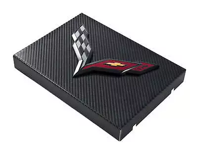 C7 Corvette Black Carbon Fiber Fuse Box Cover W/ Black Crossed Flags Emblem • $54.95