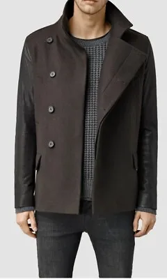 All Saints Men’s Wool Leather Dark Brown Major Pea Coat Size Large • $179.99