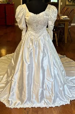 Vintage 80s Liquid Satin Wedding Dress Ivory Beaded Pouf Sleeves Bustle Small • $87.50