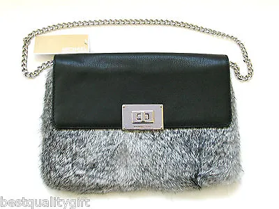 Michael Kors Sloan Silver Genuine Rabbit Fur+black Leather Clutch Shoulder Bag • $174.99