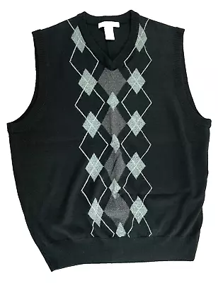 GEOFFREY BEENE Argyle Sweater Sleeveless MENS L Large Knit Black Grey Pullover • $17.99