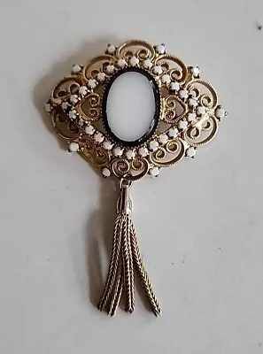 Vintage Mother Of Pearl Dangle Tassel Brooch Pin Chain Pendant Gold Tone • $14.99