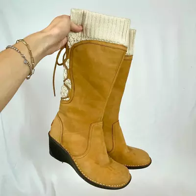 UGG - Skylar Wedge Tan Suede Leather Lace Up Knee High Boots • $75
