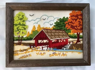 Vintage Finished Crewel Needlepoint Framed Picture Covered Bridge Trees Water • $29.95