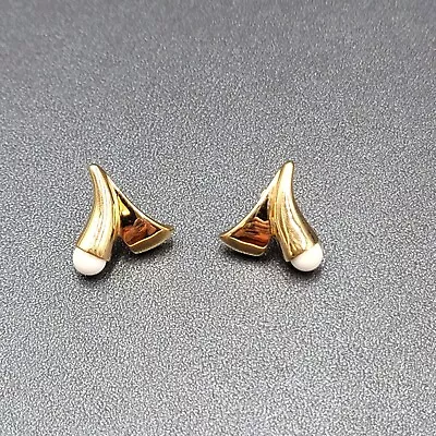 Vintage MONET Pierced Earrings Gold Plated White Bead Drop 3/4  • $12