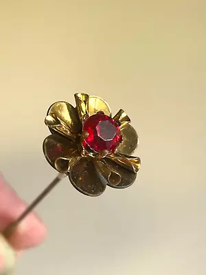 Antique Hat Pin Gold Red Rhinestone Flower  6 1/4  Long • $20