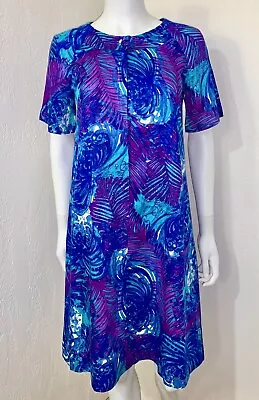 Vtg Hale Muu Hawaiian Blue Purple Bark Cloth Floral Tiki Muumuu Dress Size M EUC • $43