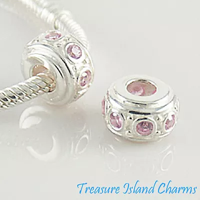 Solid 925 Sterling Silver European Spacer Bead Charm With Light Pink CZ Crystal • $15.95
