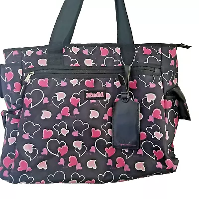 MUDD Tote Bag Travel School Work Black Multi Use With Pink Hearts • $14.97