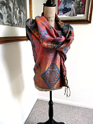 MEXICAN SUPER-SOFT COLORFUL REBOZO SHAWL WRAP 66  X 24  AZTEC INSPIRED DESIGN #3 • $36.50