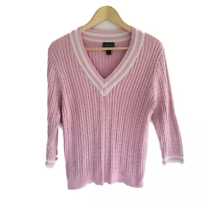 Coquette Varsity Tennis Sweater Size XL Pink Cable Knit V-Neck White Trim Preppy • $19.99