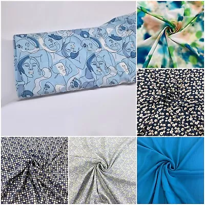 Blue Viscose Fabric Patterned Challis Natural Soft Drape Light Dress Material • £5.20