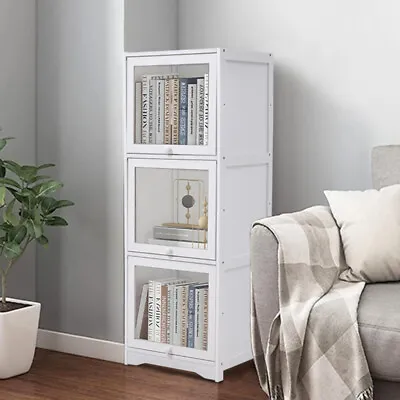 3 Tier White Cabinet Cube Bookcase Storage Shelving Unit Clear Acrylic Doors • £41.95