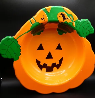 Vintage Halloween Pumpkin Witch And Black Cat Large Plastic Candy Bowl • $10