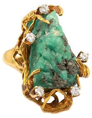 Brutalist 1960 Massive Cocktail Ring In 18 Kt With Vs Diamonds And Crude Emerald • $2950