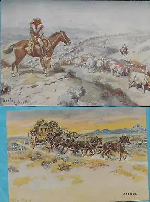 C.M. Russell Stagecoach Cowboy Cows Horses Mountains 2 Sample 6x5  Prints 1960s • $14.99