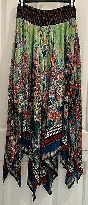 Bila Womans Skirt Boho Hippie Handkerkerchief Maxi Hem Multicolor Print Sz S • $19.95