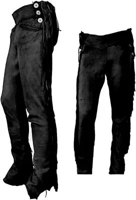 Mens Native American Western Cowboy Black Leather Real Suede Legside Fringe Pant • $124.99