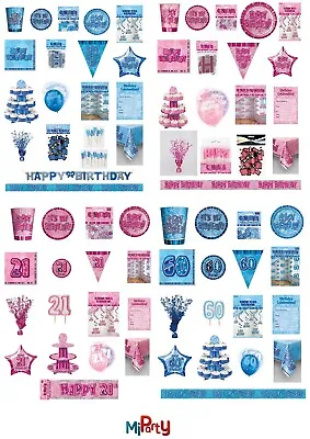 Birthday Glitz Blue / Pink Party Range Plates/Napkins/Banners/Cups 13th - 100th • £1.93