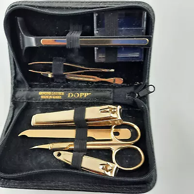 Dopp Mens Buxton Gold Toned 8-Piece Genuine Black Leather Travel Manicure Set • $37.87