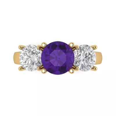 3.25ct Round 3 Stone Real Amethyst Promise Bridal Wedding Ring 14k Yellow Gold • $283.60