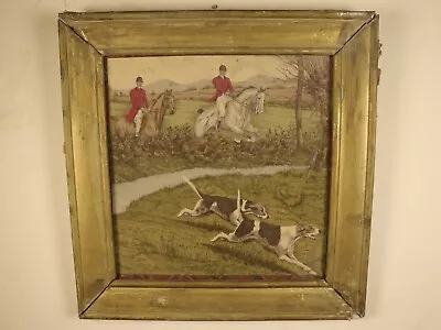 Equestrian Vintage Velvet Painting Landscape English Fox Hunt Scene Horses Dogs • $202.90