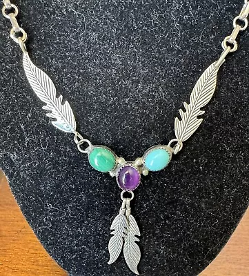 VTG  Native American EDE Sterling Turquoise Amethyst Malachite Feather Necklace • $139.99