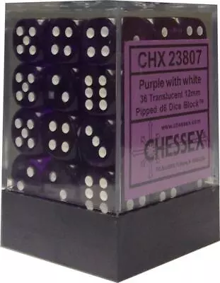 Chessex Dice D6 Sets Purple W/ White Translucent 36 12mm Six Sided Die CHX 23807 • $9.39