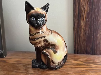 Vintage Ceramic Brown Siamese Cat Figurine Mid Century Hand-Painted Blue Eyes • $30