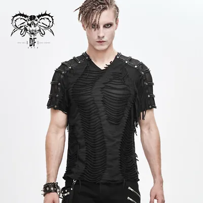 Devil Fashion Mesh Ripped V-neck Gothic Industrial Men Black T-shirt Top TT138 • £44