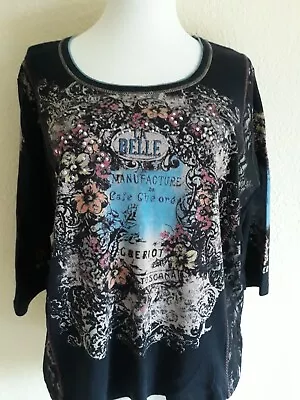 Vanilla Sugar 1X Black Floral 3/4 Sleeves Round Neck Lace Accent Cotton Knit Top • $8