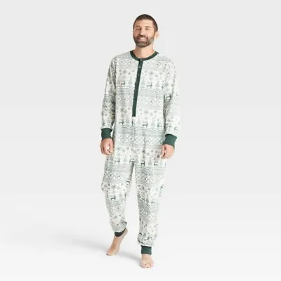 Magnolia Pajamas Union Suit Mens XL Reindeer Good Tidings Green Cream A2014 • $14.96