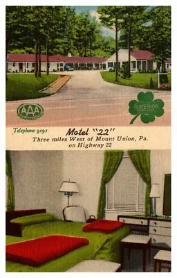 PA Motel  22  West Mount Union Hwy 22 Exterior Interior Radios In Rooms C1930-45 • $4