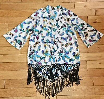 £2.99 • Buy *peacocks* Gorgeous Neon Tropical Feather Print Tassel Fringe Kaftan Kimono Top