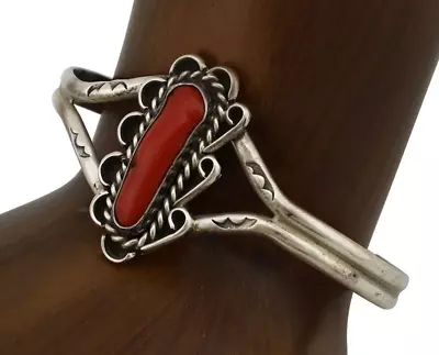 Navajo Bracelet 925 Silver Natural Red Coral Artist Signed L Begay C.80's • $179