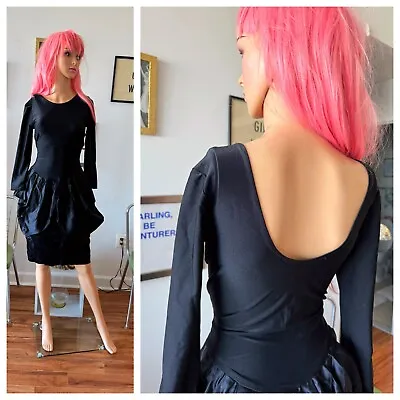 Vtg 80s Black Spandex Lyrca Backless Tiered Satin Glam Punk Party Prom Dress S M • $17